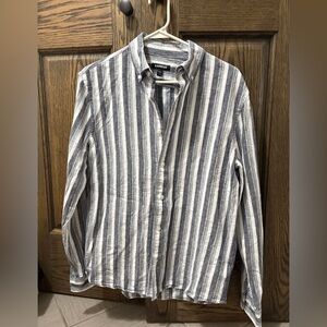 Express Men's Navy and White Vertical Stripe Button-Down Shirt